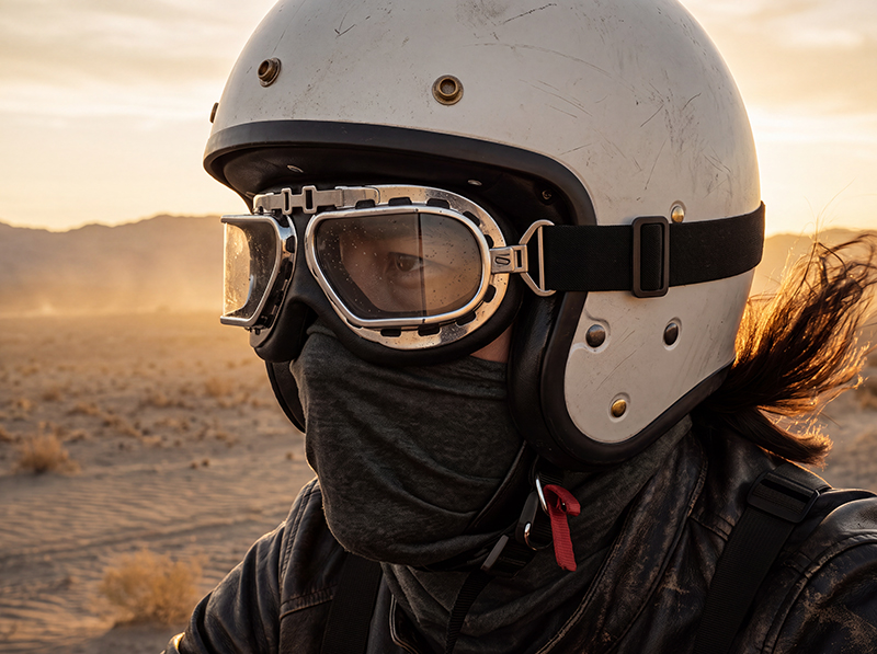Guy wearing white open-face motorcycle helmet